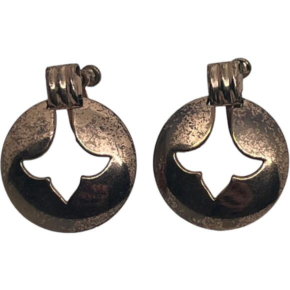 Bronze Clip-On Earrings, Cut-Out Design, Good Condition, 1.25" x 1" - Picture 3 of 7